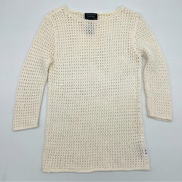 Lauren Ralph Lauren Cream Crochet Tunic Sweater M Hand Knit 100% Cotton Boho - Picture 1 of 11